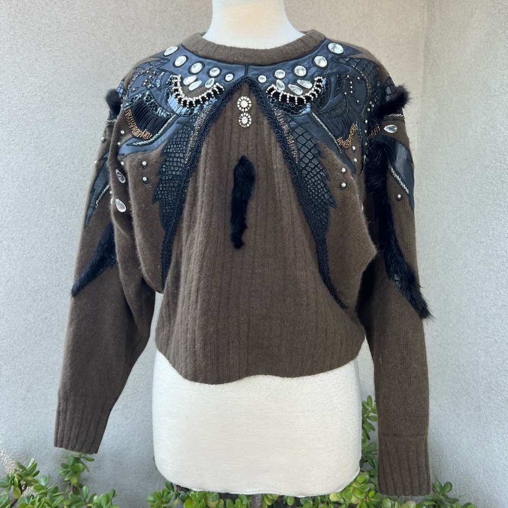 Vintage 80s EREZ glam embellished brown lambs wool pullover sweater Sz Small